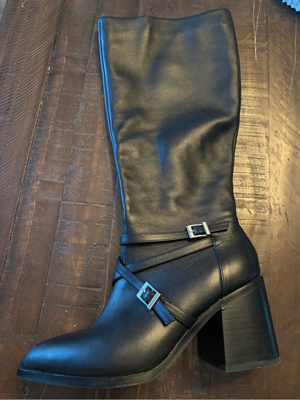 Charles David Leather Sz 7 Knee High Harness Boot Black Buckles Like New✨